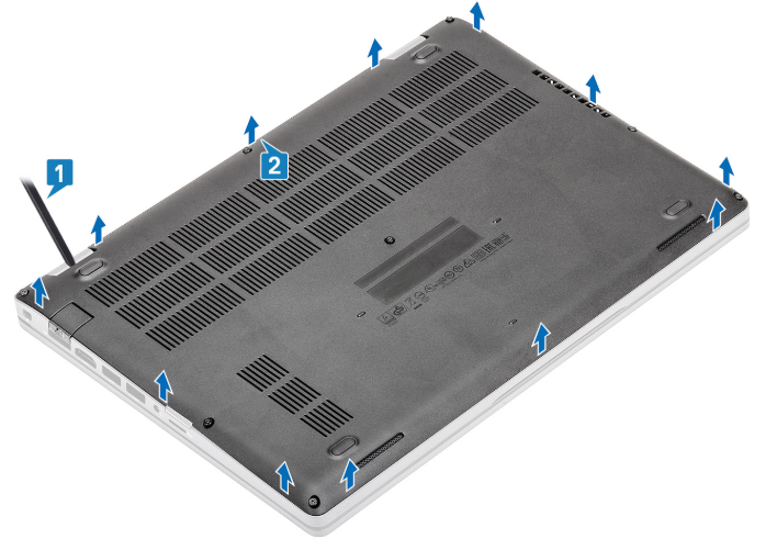 Prying open the Dell Latitude 5410 base cover with a plastic scribe